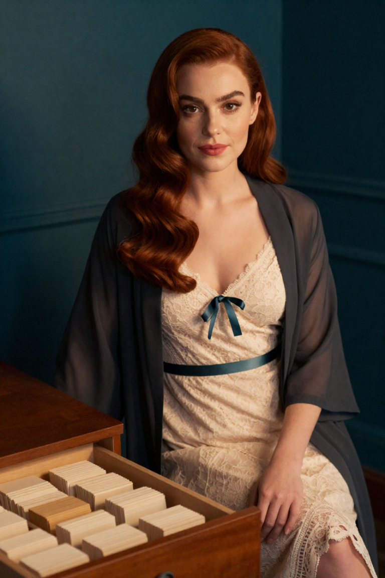 AiPronDir muse in an ivory lace slip dress, seated by the open drawer of blank cards
